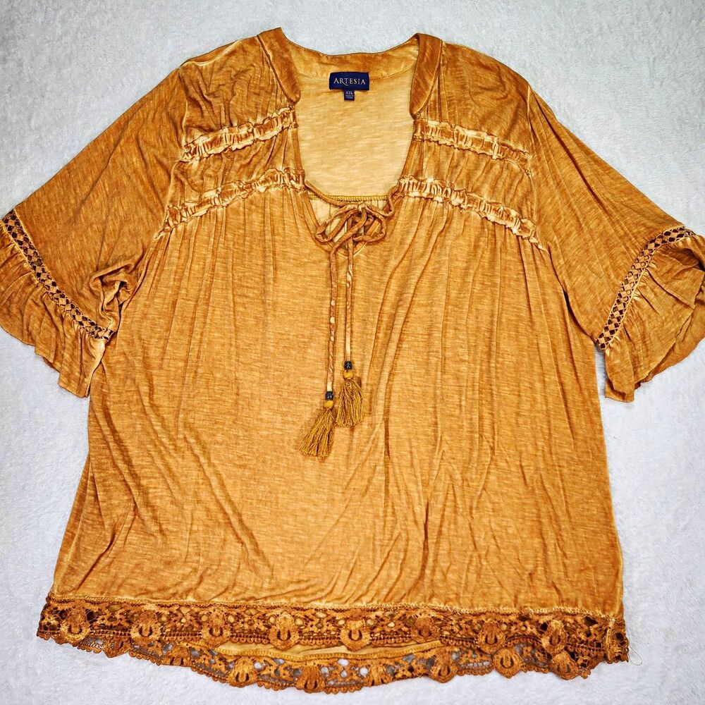 Artesia Boho Western Tassel Blouse Honey Gold Tan Crochet Lace Womens XXL
